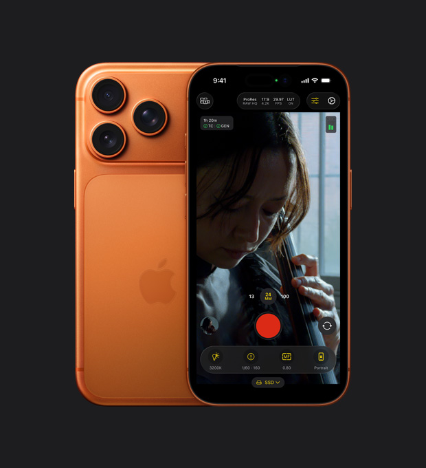 Obrazovka iPhonu 17 Pro zobrazující natáčení videa ve formátu ProRes RAW s ženou hrající na cello