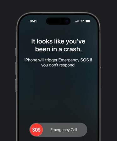 iPhone 17 Pro, pohled zepředu, zaoblené rohy, aktivovaná detekce autonehody