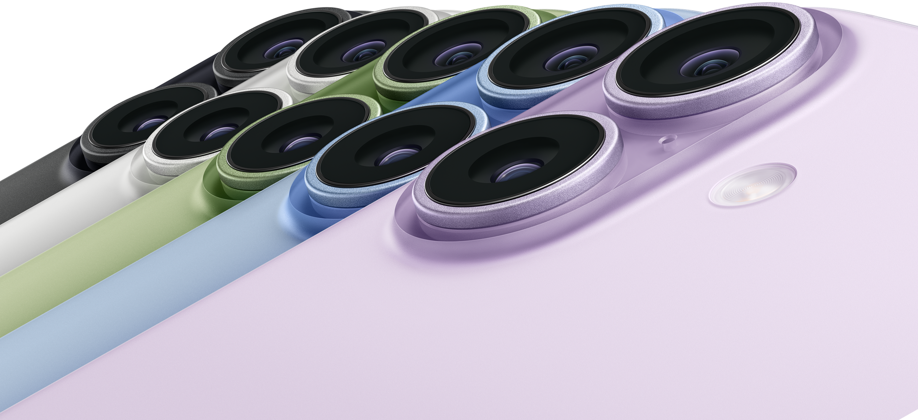 Five iPhone 17 devices, rear exterior, top left corner, Fusion cameras, colors: black, white, sage, mist blue, lavender