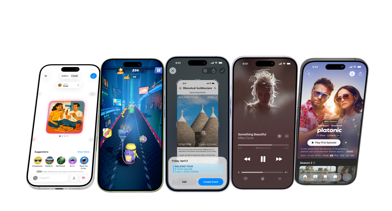 Uređaji iPhone 17 u različitim bojama, ekrani prikazuju različite aplikacije
