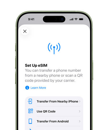 iPhone 17, prednja strana, upotreba značajke Podesi mobilne podatke za jednostavan prijenos telefonskog broja uz eSIM