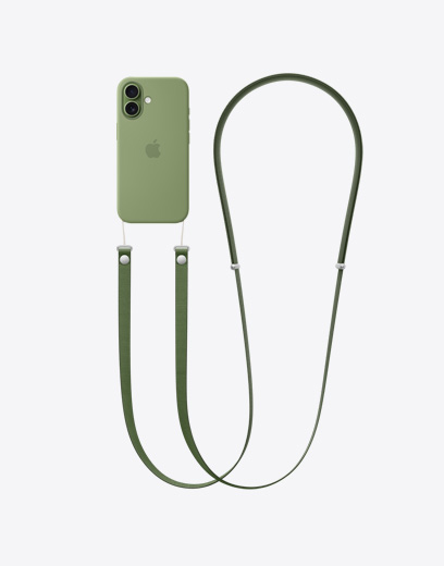 iPhone 17, ภายนอกด้านหลัง, ใส่กรอบกันกระแทกสีเขียวเสจที่มีสายสะพายข้างสีเหลืองนีออน
