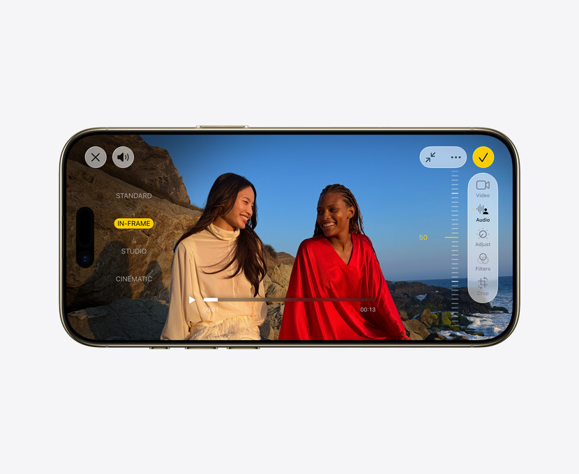 Prednji prikaz vanjskog izgleda iPhonea Air, pro videozapis demonstracije korištenja značajke Audio miks