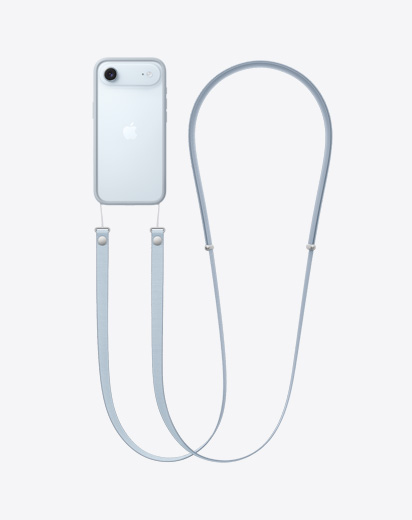 iPhone Air, ภายนอกด้านหลัง, ใส่กรอบกันกระแทกสีเทาอ่อนที่มีสายสะพายข้างอยู่
