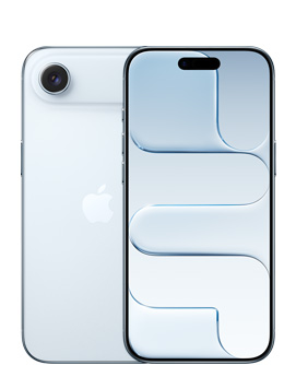 iPhone Air, ภายนอกด้านหลัง, สีสกายบลู, ระบบกล้อง Fusion ที่ด้านบน, โลโก้ Apple อยู่ตรงกลาง, ภายนอกด้านหน้า, สีสกายบลู, Dynamic Island ที่อยู่ตรงกลางด้านบน