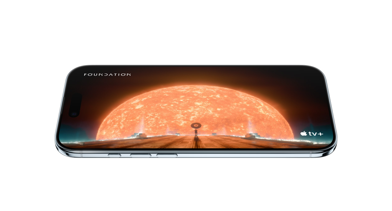 iPhone Air, ภายนอกด้านหน้า, ภายนอกด้านข้าง, แสดงภาพนิ่งของฉากจากซีรีส์ Apple TV+ เรื่อง Foundation