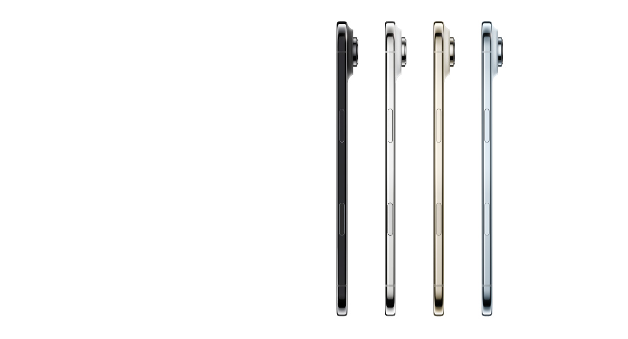 iPhone Air, ภายนอกด้านข้าง, สีต่างๆ ได้แก่ สกายบลู ทองอ่อน ขาวปุยเมฆ และดำสเปซแบล็ค, รูปทรงที่บางมาก, ระบบกล้อง Fusion, ปุ่มต่างๆ ได้แก่ ปุ่มด้านข้าง, ตัวควบคุมกล้อง