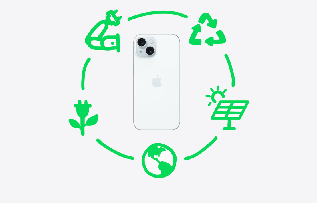 Hravá zelená ilustrace pěti různých ikon životního prostředí v kruhu kolem iPhonu.