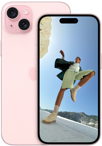 Вигляд iPhone 15 Plus 6,7 дюйма ззаду та вигляд iPhone 15 6,1 дюйма спереду рожевого кольору.