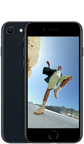 Вигляд iPhone SE 4,7 дюйма (3-го покоління) ззаду та спереду кольору «темна ніч».