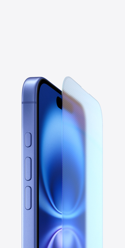 Three-quarter view of aerospace-grade aluminium enclosed in ultramarine and durable Ceramic Shield screen separated for effect from the iPhone 16.