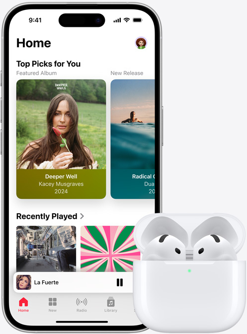 iPhone 16 playing music next to AirPods