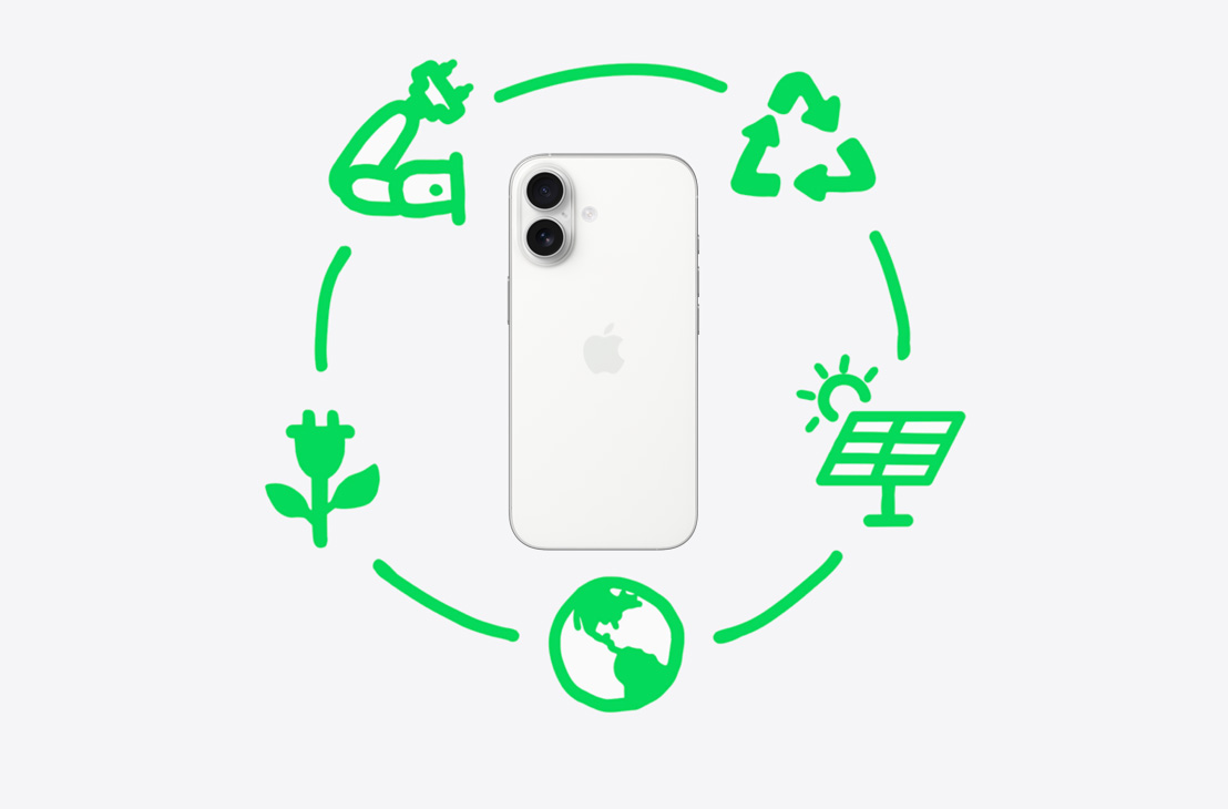 圖片展示 Apple 對於物料回收和再利用所採取的步驟,包括設計和採購、製造、包裝和運輸、使用和回收,環繞著展示機身背面的白色 iPhone 17。