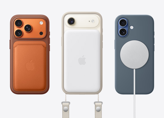最新 iPhone 機型並排展示配件,包括已安裝的 MagSafe 精細織紋卡套、MagSafe 電池和斜背掛繩
