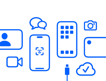 眾多 Apple 裝置與功能特色,包括 iCloud、具備 Face ID 的 iPhone,以及充電連接線、相機、訊息 app。