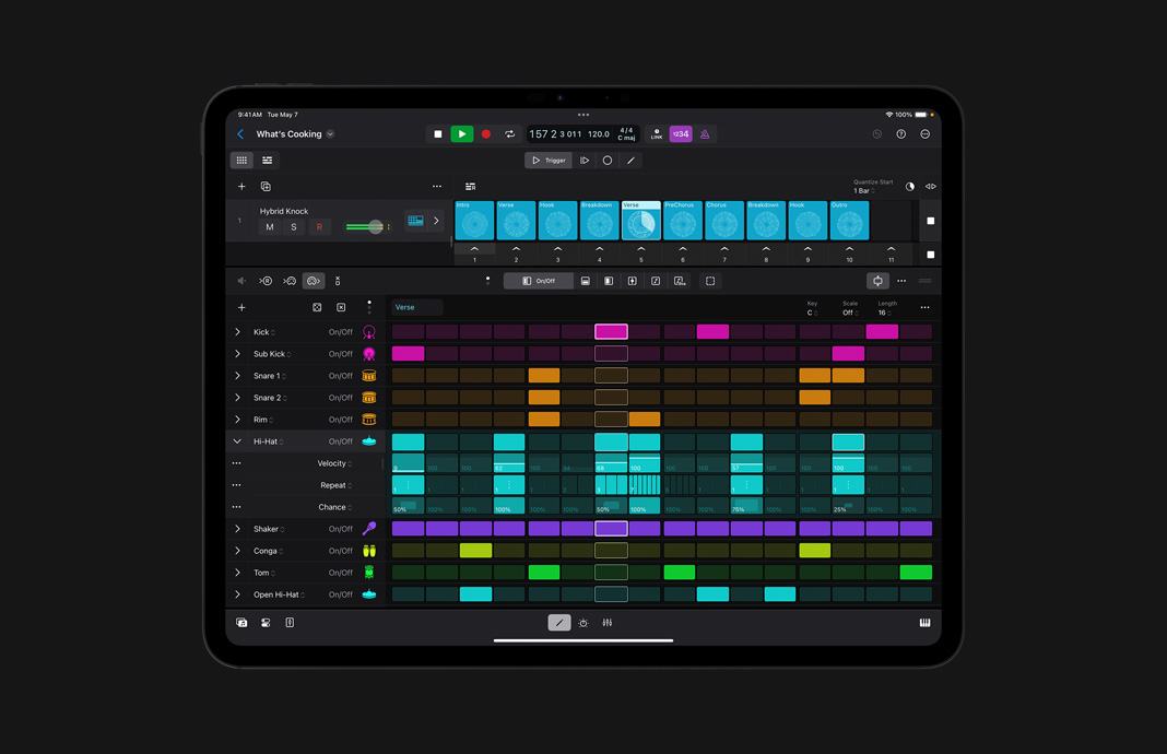 Benutzeroberfläche von Step Sequencer in Logic Pro für iPad.