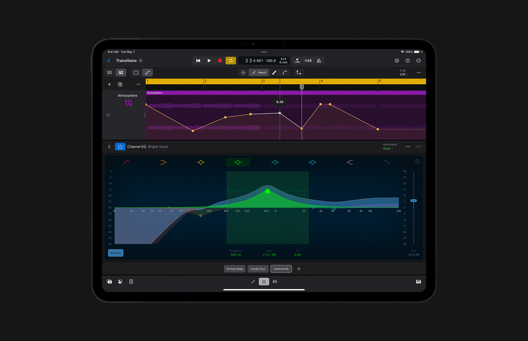 iPad Pro 展示 iPad 版 Logic Pro 中混音主控台上聲道控制排的特寫
