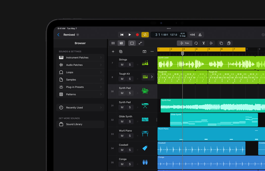 iPad Pro에서 Logic Pro의 사운드 라이브러리를 대략적으로 보여주는 화면.