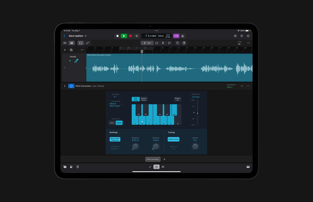 Die Benutzeroberfläche der Tonhöhenkorrektur in Logic Pro für iPad wird gezeigt.