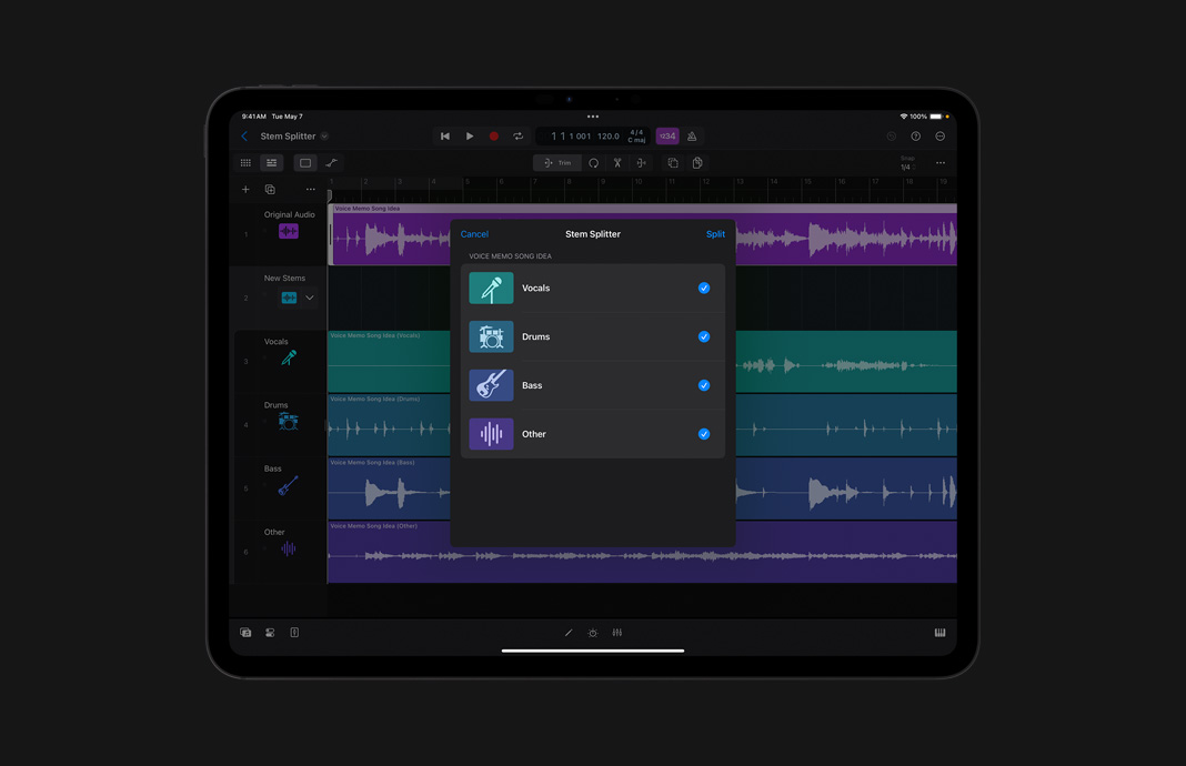 iPad용 Logic Pro에서 Stem Splitter로 오디오를 분리하는 중인 iPad Pro 화면.