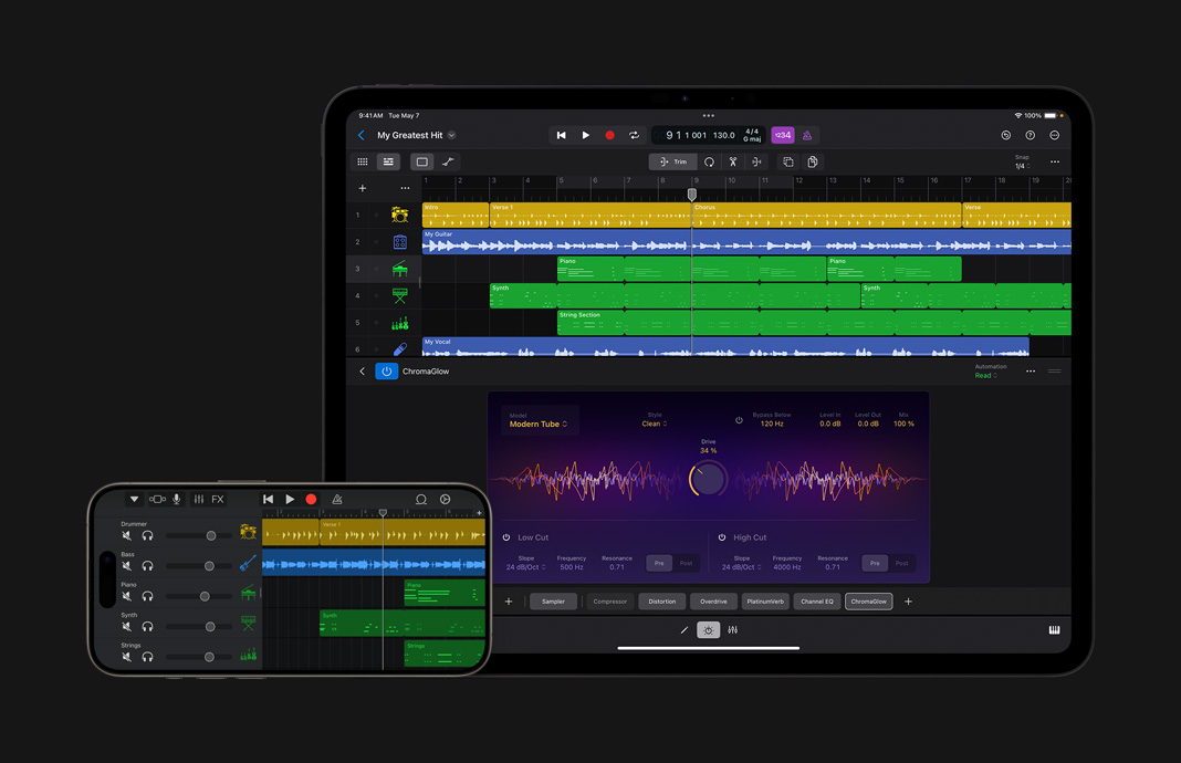 GarageBand의 프로젝트를 iPad용 Logic Pro로 가져온 모습.