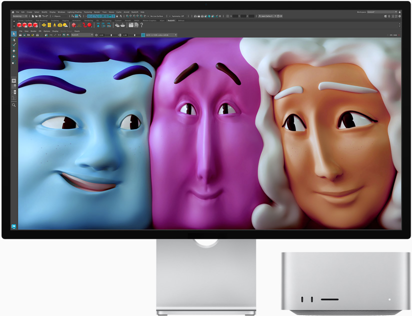 Vista frontal de un monitor Studio Display y un Mac Studio