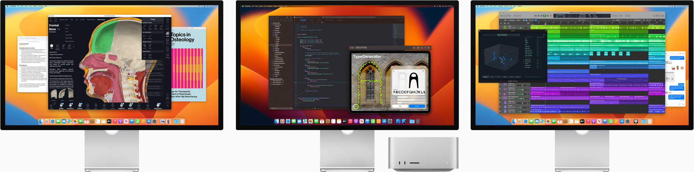 Mac Studio et trois Studio Display sur lesquels s’affichent différentes apps