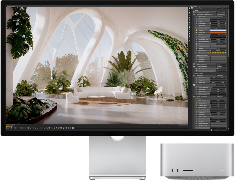 صورة تعرض شاشة Studio Display وجهاز Mac Studio معاً