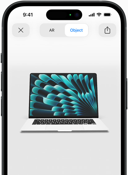 Vorschau eines MacBook Air in Silber, die als AR Erlebnis auf einem iPhone angezeigt wird