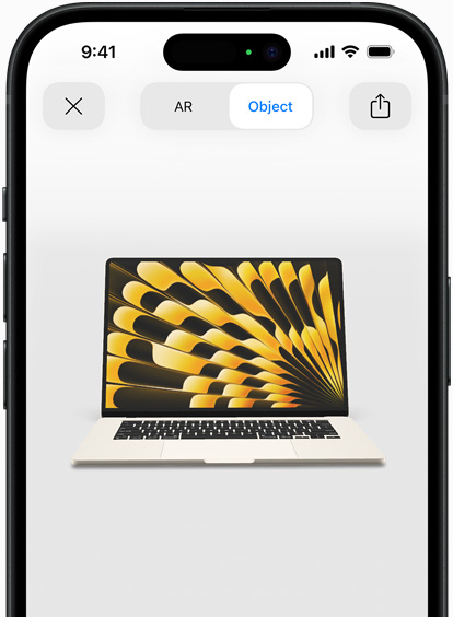 Previsualización de un MacBook Air blanco estelar en un iPhone con realidad aumentada
