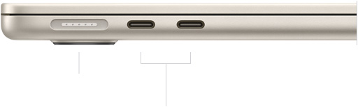 MagSafe 포트와 2개의 Thunderbolt 포트를 볼 수 있도록, 닫혀 있는 MacBook Air를 왼쪽 옆에서 바라본 모습