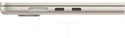 ด้านซ้ายของ MacBook Air ที่พับปิดอยู่แสดงพอร์ต MagSafe และพอร์ต Thunderbolt จำนวน 2 พอร์ต