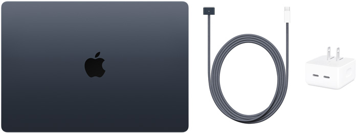 MacBook Air รุ่น 15 นิ้ว, สาย USB-C เป็น MagSafe 3 และอะแดปเตอร์แปลงไฟ USB-C ขนาดกะทัดรัดแบบพอร์ตคู่ขนาด 35 วัตต์