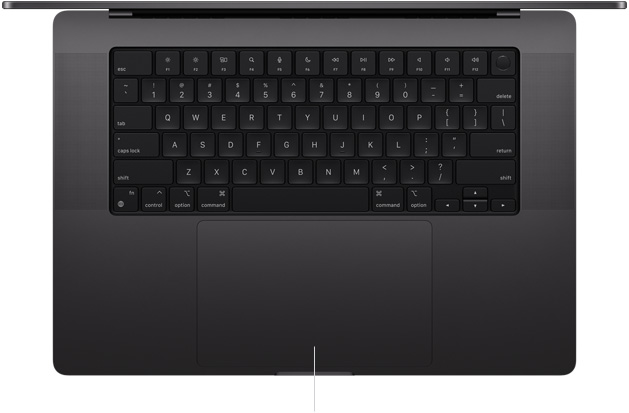 Skats no augšas uz atvērtu 16 collu MacBook Pro ar Force Touch skārienpaliktni zem tastatūras