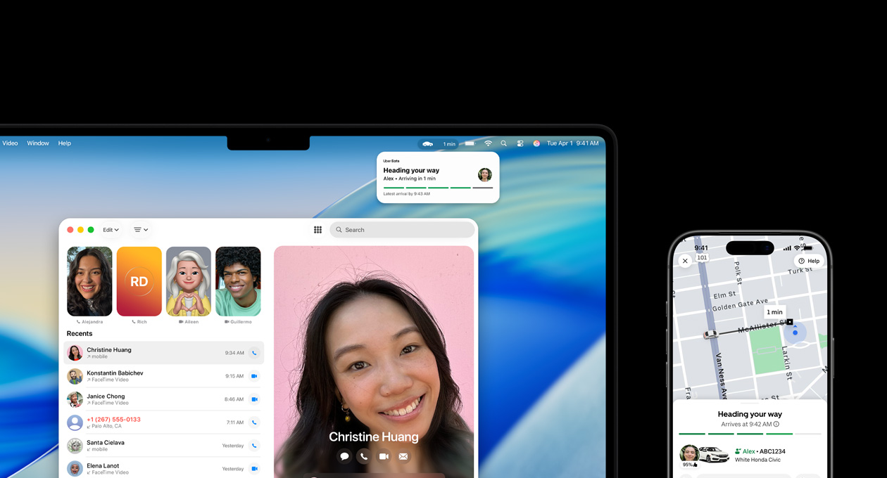 A MacBook Pro and iPhone side by side, MacBook Pro screen displays the Phone app and Live Activities from the Uber app, iPhone shows the Uber app