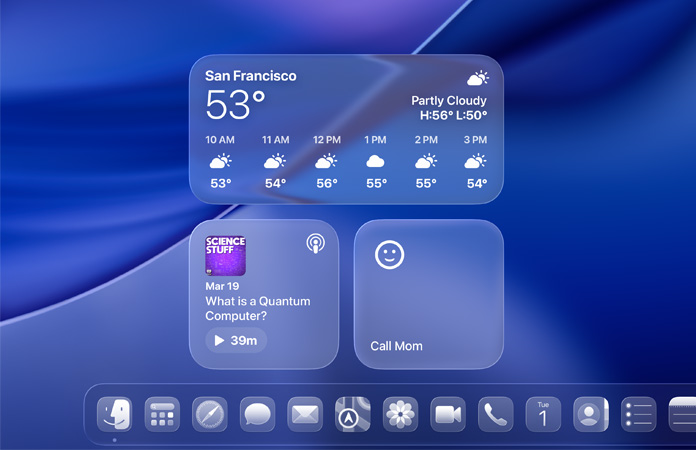 Liquid Glass Weather, Podcasts, and Reminders widgets on macOS Tahoe screen