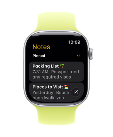 Apple Watch Series 11 med en urtavla som visar appen Anteckningar med två fastnålade anteckningar