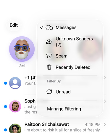 Die Nachrichten App mit der neuen Filterfunktion, die jetzt unbekannte Nummern in einen Abschnitt namens «Unbekannte Absender:innen» sortiert.