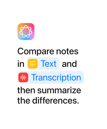 Comparez des notes dans Texte et Transcription, puis faites un résumé des différences en sélectionnant les mots « Texte » et « Transcription » qui s’affichent en bleu, comme dans l’app Raccourcis