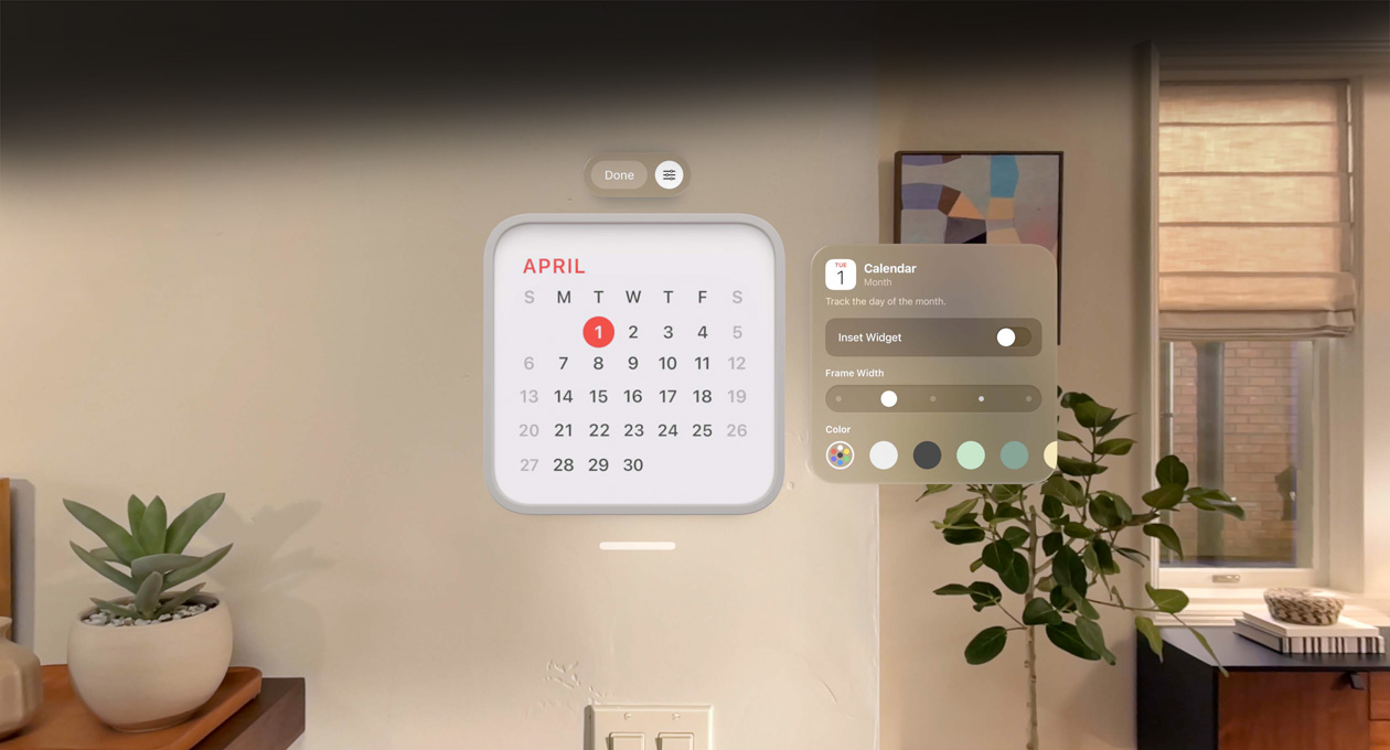牆上飄浮著顯示 4 月 1 日的日曆小工具,上方是提醒事項小工具,而右方則是用於變更邊框粗幼度和顏色的個人化選項