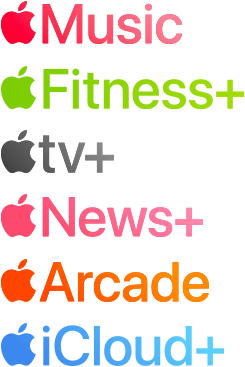 A list of Apple services: Apple Music, Apple Fitness Plus, Apple TV Plus, Apple News Plus, Apple Arcade, and Apple iCloud Plus