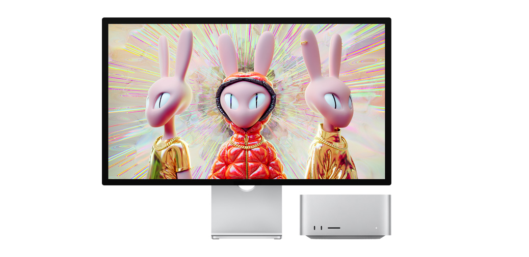 Mac Studio mit Studio Display, das humanoide Kaninchenfiguren in 3D zeigt.