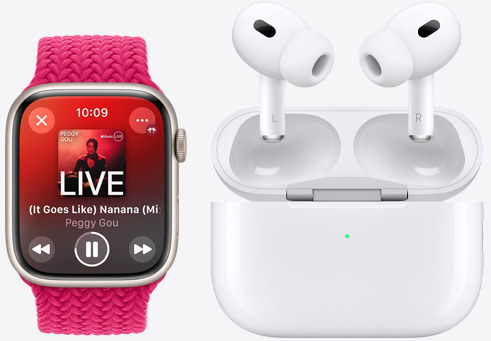 Apple Watch Series 9 đang phát một bài hát bên cạnh AirPods Pro.