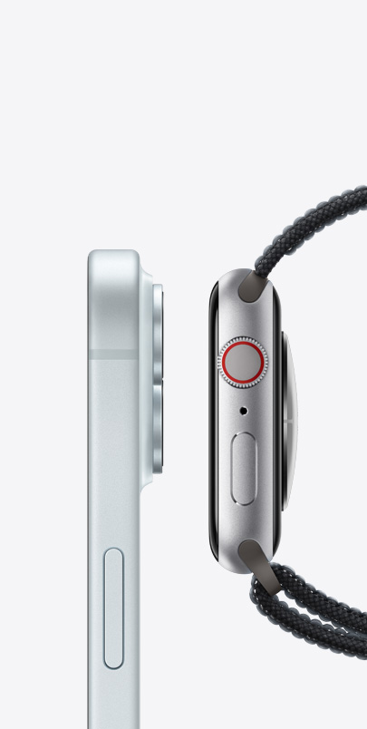Imagem da lateral do iPhone 15 e do Apple Watch Series 9 lado a lado.