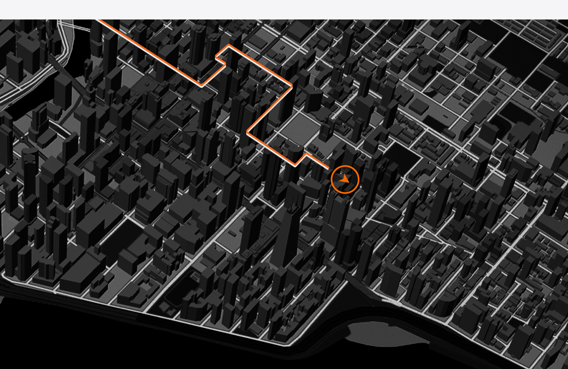 Seta no fim de um trajeto representando uma corrida na visualização 3D do mapa da cidade.