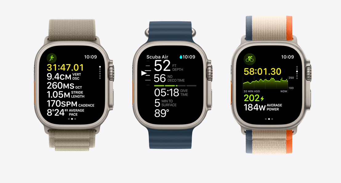 Три пристрої Apple Watch Ultra 2. На першому — бігове тренування. На другому — занурення з аквалангом у додатку Oceanic+. На третьому — велосипедне тренування.