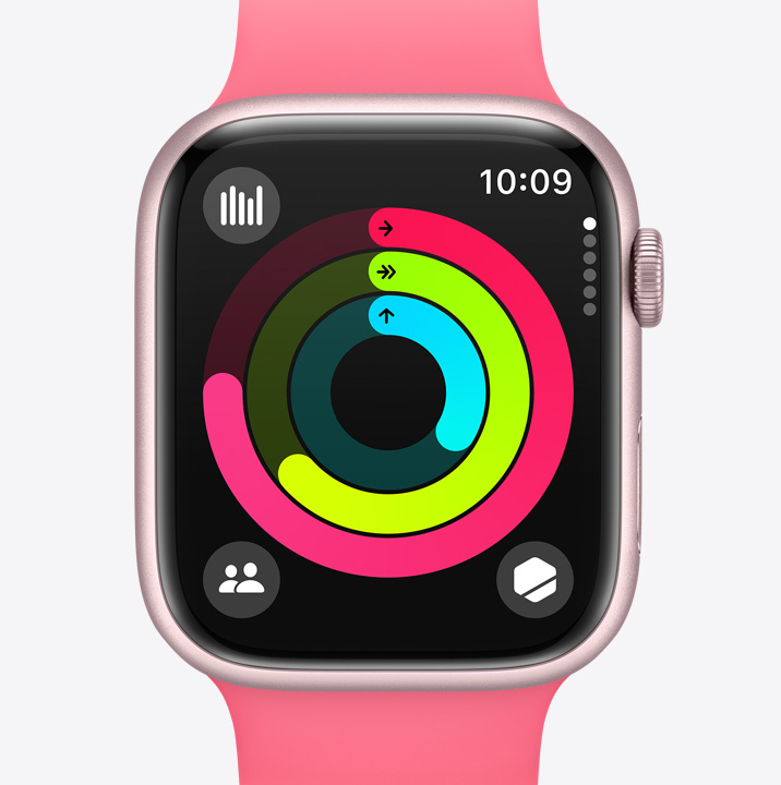 Apple Watch Series 9 exibindo o app Atividade, que mostra o progresso dos círculos Movimento, Exercício e Ficar em Pé.