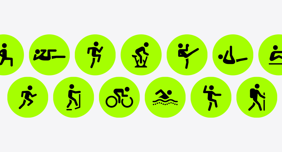 ไอคอนการออกกำลังกายสำหรับการออกกำลังกายทั่วทุกส่วน, การออกกำลังกายแกนกลางลำตัว, HIIT, การปั่นจักรยานในร่ม, คิกบ็อกซิ่ง, พิลาทิส, เครื่องกรรเชียงบก, การวิ่ง, การเดินจักรยานอากาศ, การปั่นจักรยาน, การว่ายน้ำ, การเล่นไทชิ และการเดินเขา