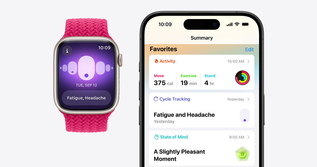 Apple Watch Series 9 koji prikazuje aplikaciju Praćenje ciklusa i iPhone 15 Pro s prikazom podataka o praćenju ciklusa u aplikaciji Zdravlje.