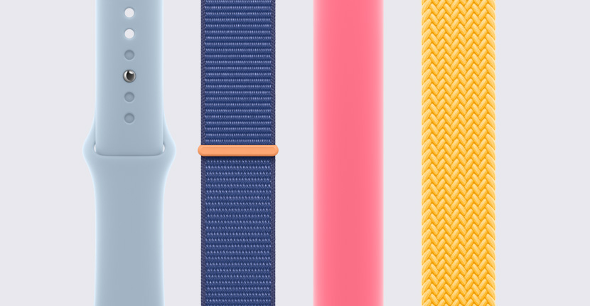 Diferentes pulseiras de Apple Watch dispostas na vertical, lado a lado.